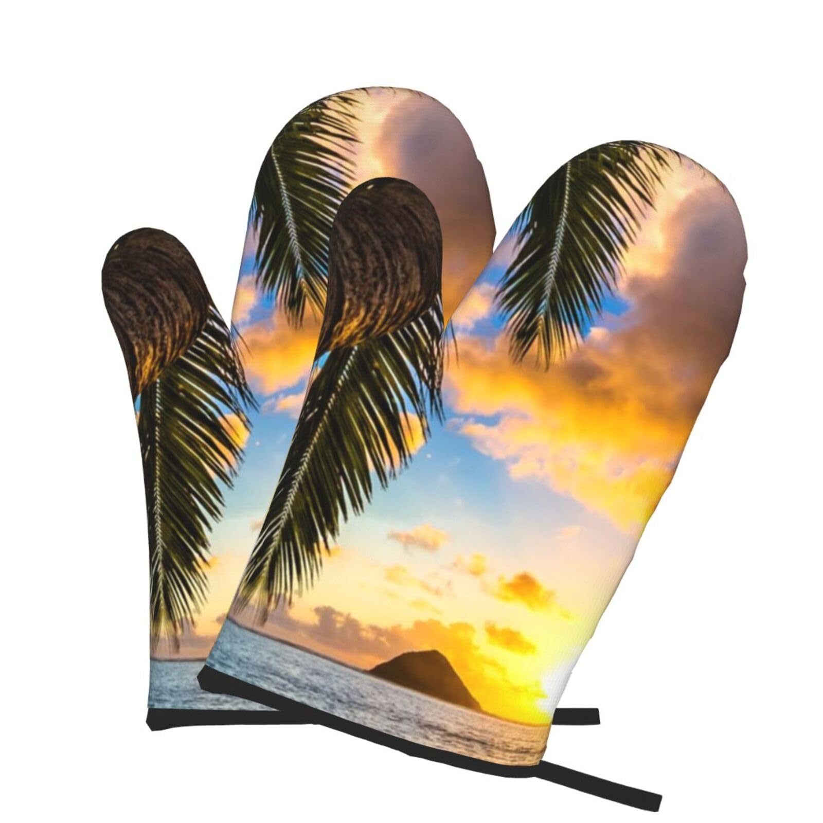 Oven Mitts Set of 2 Pcs, Tropical Beach Prints Heat Resistant Kitchen Gloves for Cooking Baking Grilling