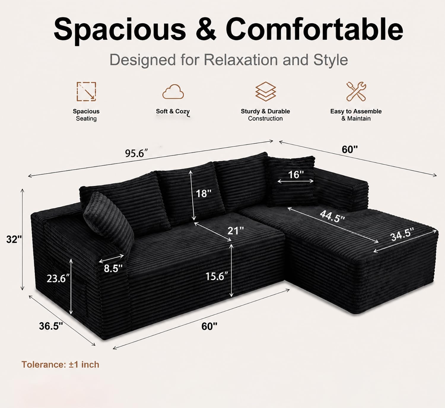 96" Cloud Boneless Sectional Couches with Chaise for Living Room