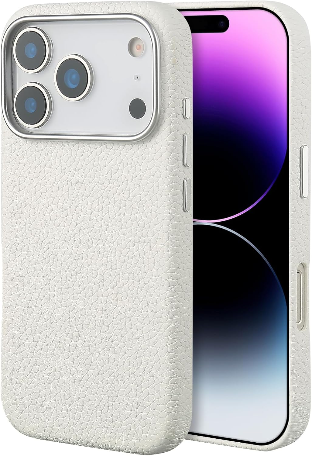 Compatible with iPhone 17 Pro Leather Case – Premium Litchi Grain Real Leather Cover Compatible with MagSafe, Slim Protective Case with Soft Microfiber Lining, Shockproof, 6.3 inch White