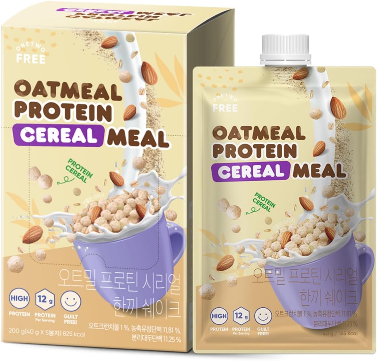 Korean Food Onetwofree Oatmeal Protein Cereal Meal(40g*5P) | Dietary Fiber, Essential Amino Acids, Vitamins | Low calories, 12g Protein | Meal Replacement