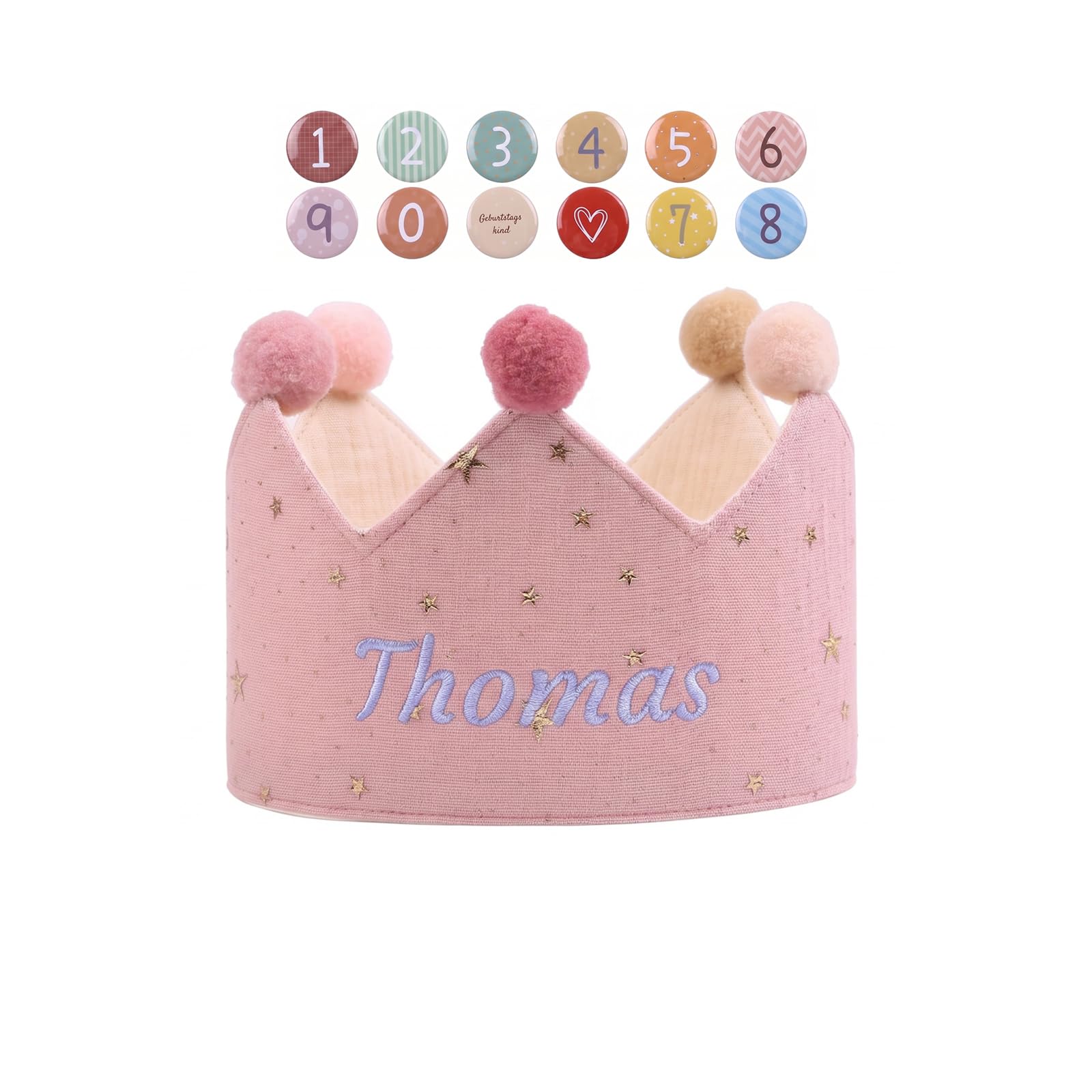 Gaosh Personalised Birthday Crown for Boys and Girls with Embroidered Name Cotton Children Birthday Headband with Numbered 0–9 Adjustable Straps Birthday Hats Party Decoration (Pink) — image 1