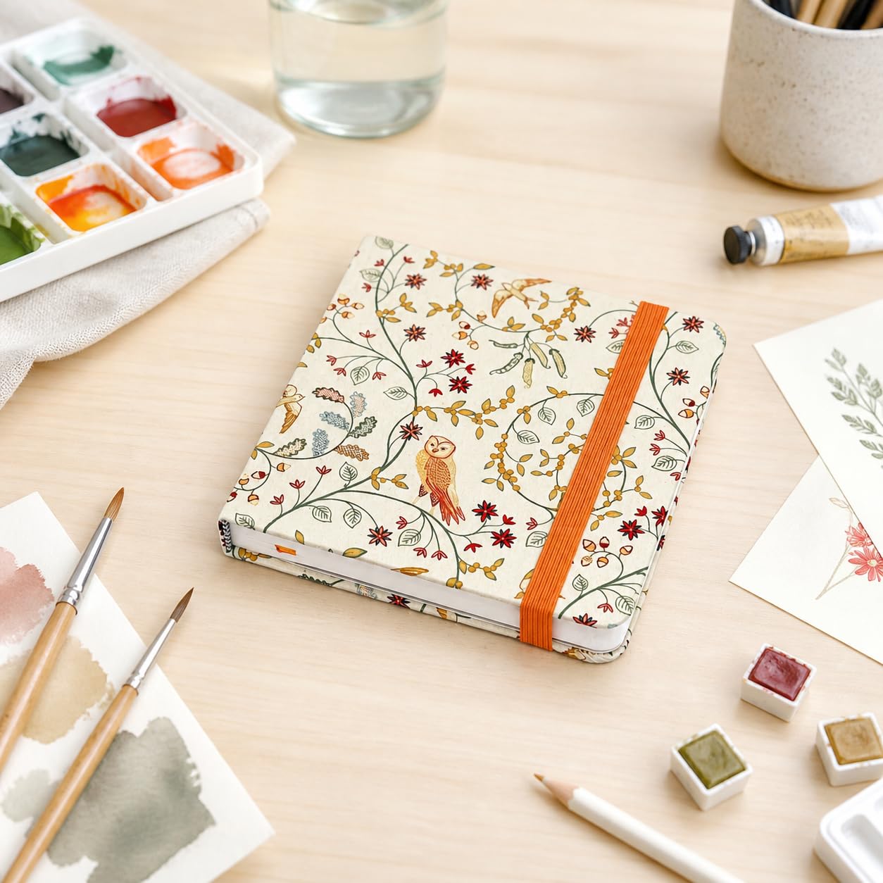 Sketchbook de viaje 12×12 cm – Libreta artística 300 gsm Hot Press con cubierta algodón 100% – Cuaderno de bocetos para acuarela, tinta, lápiz, óleo y acrílico portátil (Ramas)
