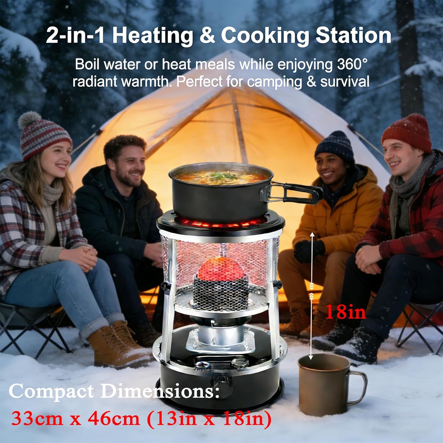 Kerosene Heater for Indoor Use, 18-21h Emergency Non Electric Heaters for Indoor for Blizzard & Power Outage, 9000 Btu 2-in-1 Radiant Heater with Cooking Top, For Survival, Camping Ice Fishing (Red)
