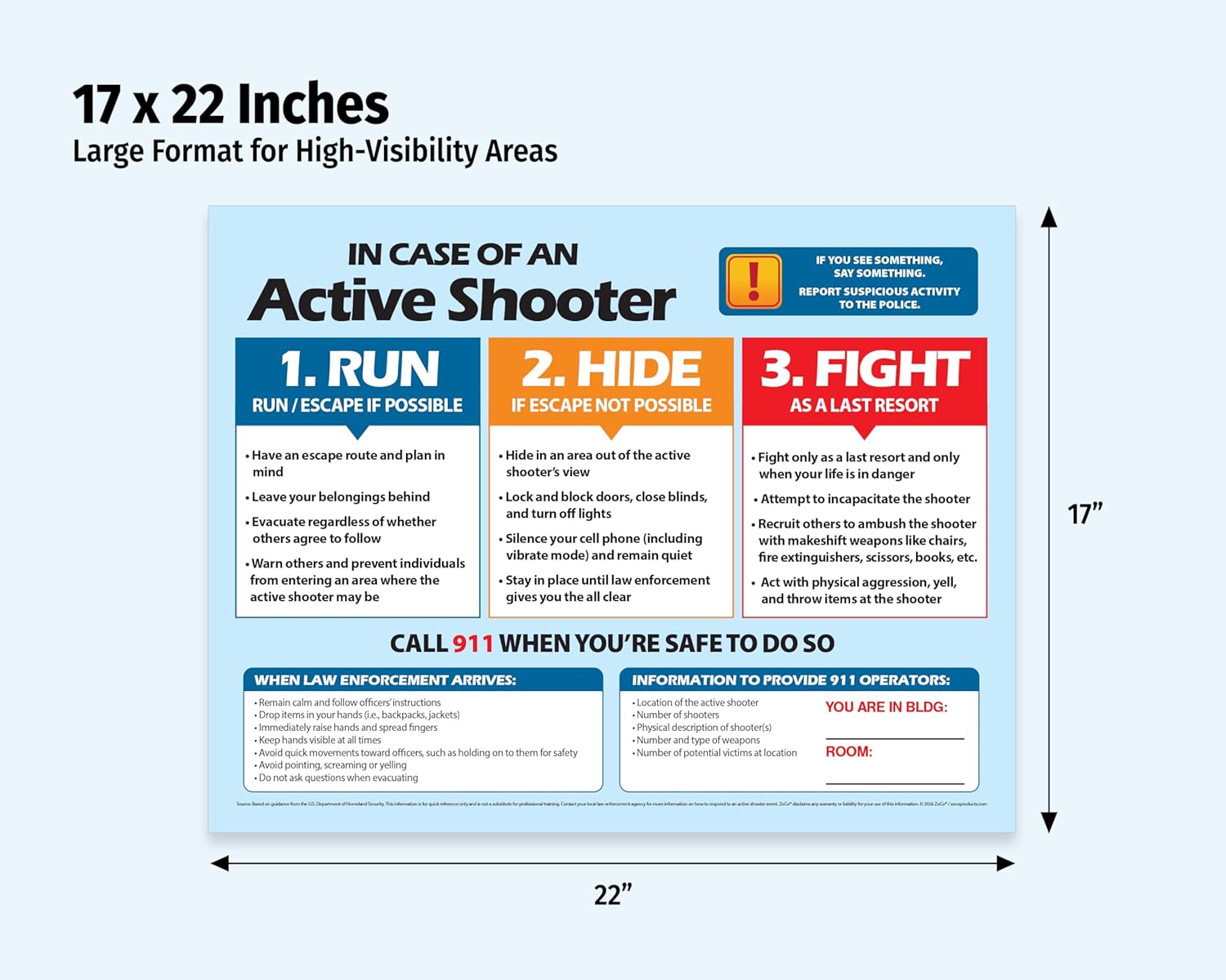 ZOCO – Active Shooter Safety Posters (10-Pack) – Laminated 17x22 Emergency Preparedness Sign – Run Hide Fight Strategy for School, Workplace, or Public Building