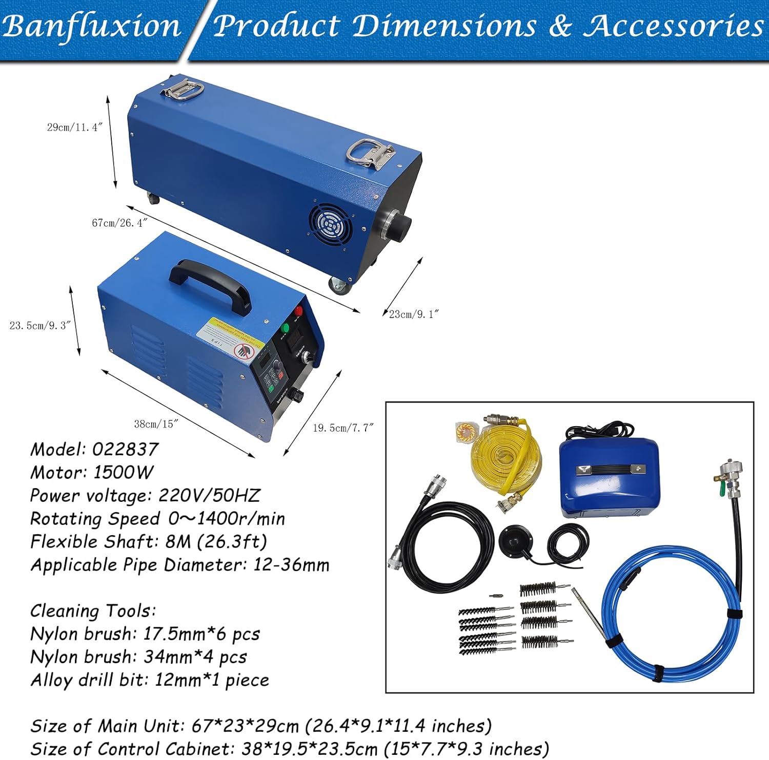1500W Industrial Boiler Tube Cleaner, 110V/220V Pipeline Cleaning Machine with 26ft Flexible Shaft & Brush Kit, for 12-36mm/0.47-1.42in Heat Exchanger Evaporator Duct Descaling
