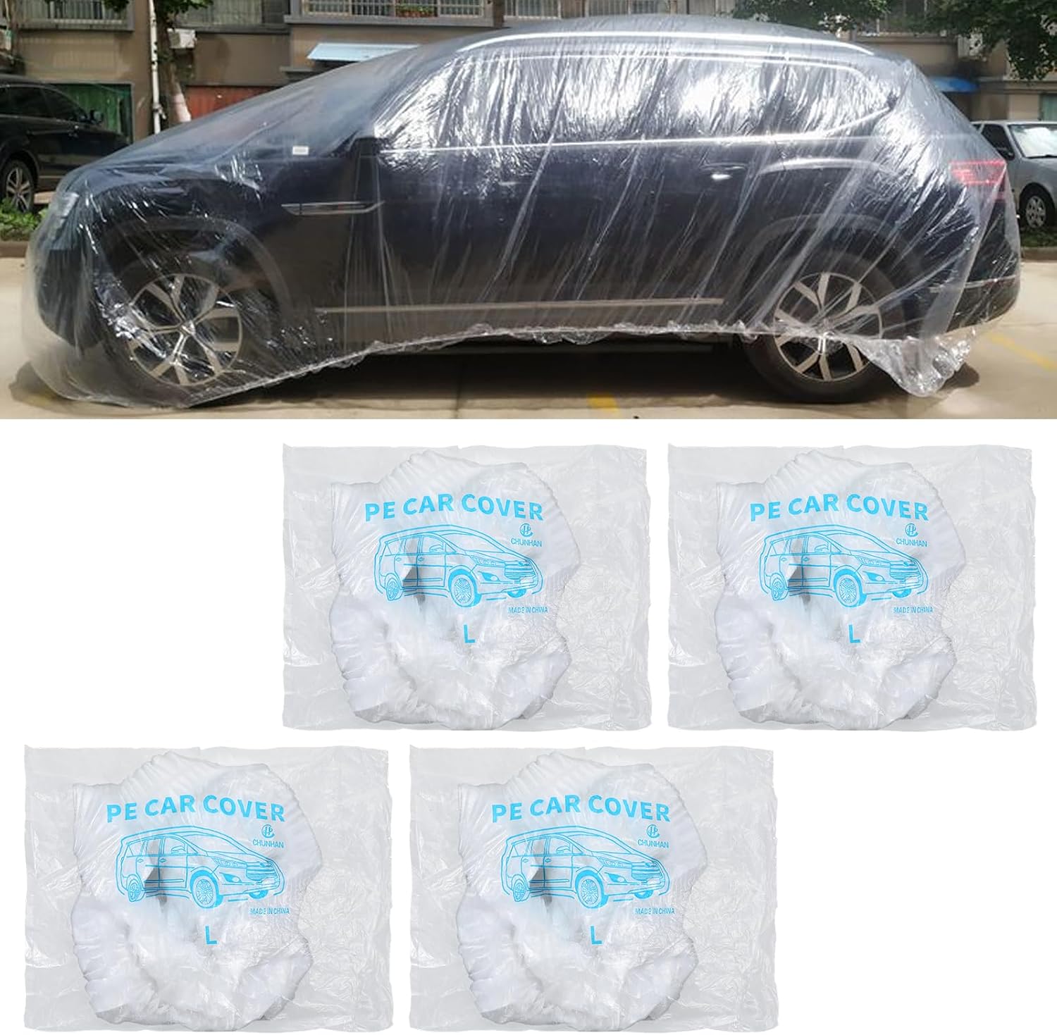 Sibba 4 Pack Disposable Car Cover, 13.1 ft x 23 ft Large Clear Plastic Car Cover Universal Vehicle Covers Waterproof Rain Dust Garage Covers with Elastic Band for Outdoor Snow/Rain Weather Protection