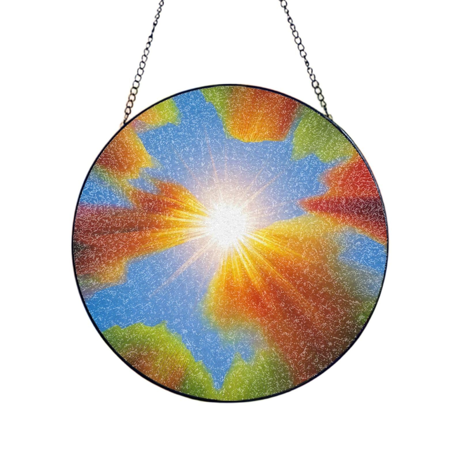 Poezjzw Stained Glass Window Hanging - Sun Rays Sun Catcher For Door Garden Home Decor Christmas Mother'S Day Birthday Gifts 8in（20cm）