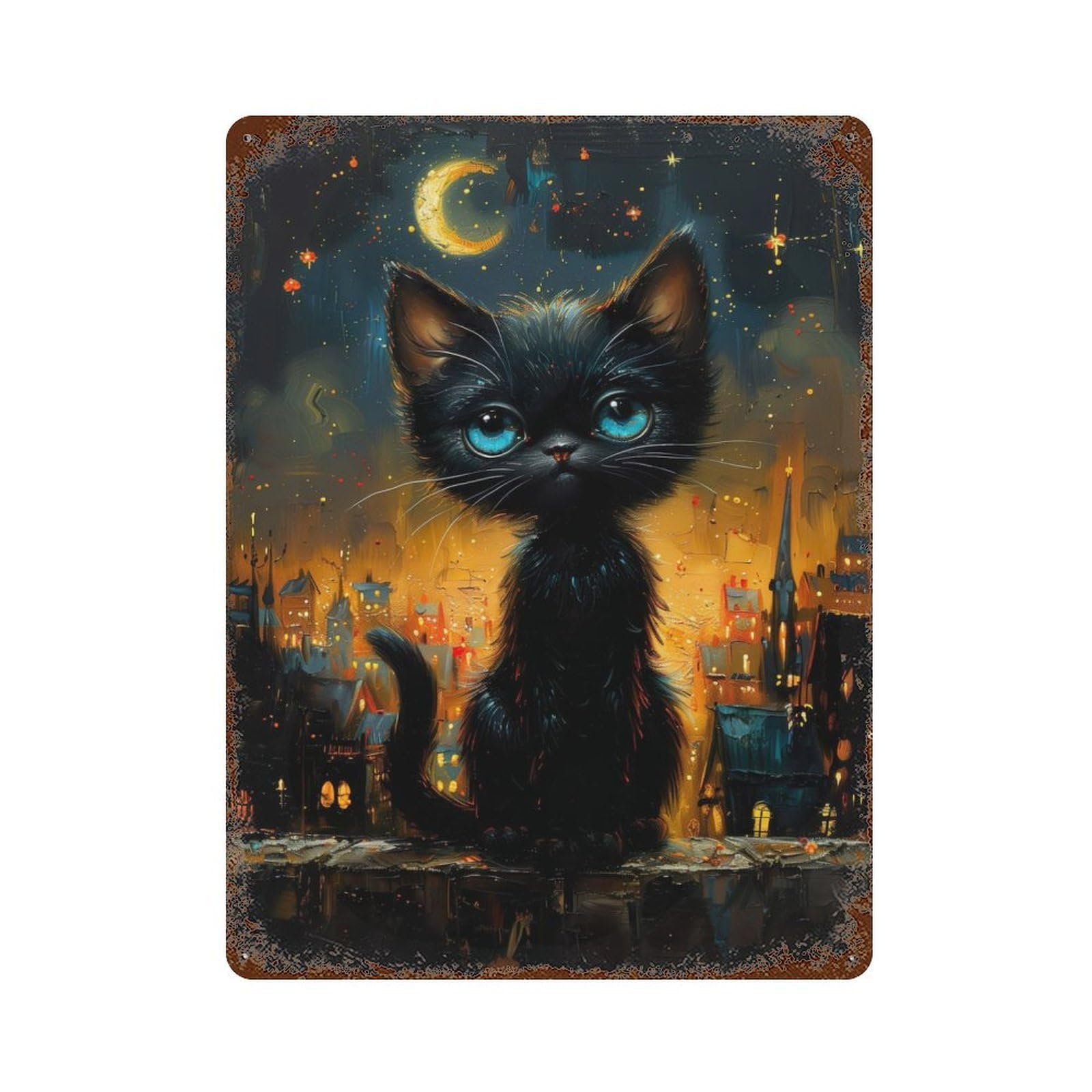 Cat Under Moonlight Rusty Metal Tin Sign 15.7"x11.8", Industrial Home Decor for Garage, Pub Or Kitchen