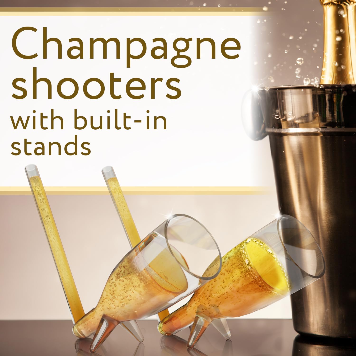 IMPRESA Mini Champagne Shooter Glasses - Reusable Plastic Champagne Shooter Set & Built-In Stands for Party Favor Pack, Bachelorette & Bridal Shower - 6 Count, Clear, Modern