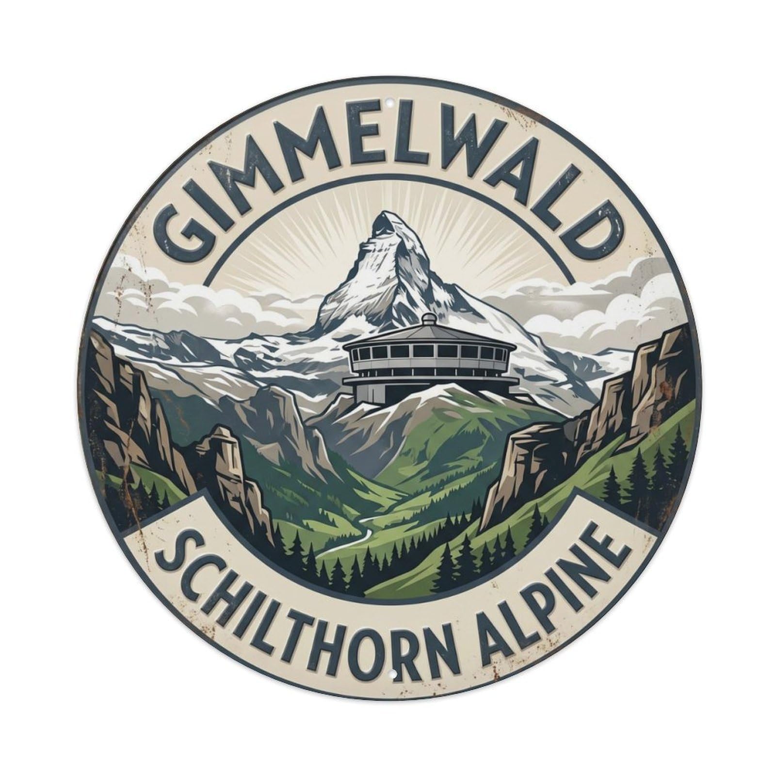 Gimmelwald Schilthorn Alpine Switzerland View Metal Tin Sign Plaque Wall Decor for Cafe, Club Bar, Office, Home Garden Round Metal Poster 8x8Inch