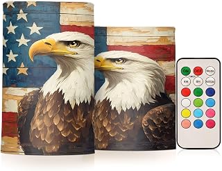 panksolu Flickering Flameless Candles, Bald Eagle American Flag Vintage LED Candles with Remote Timer, Battery Operated Candle for Wedding Halloween Christmas Decor - Set of 2