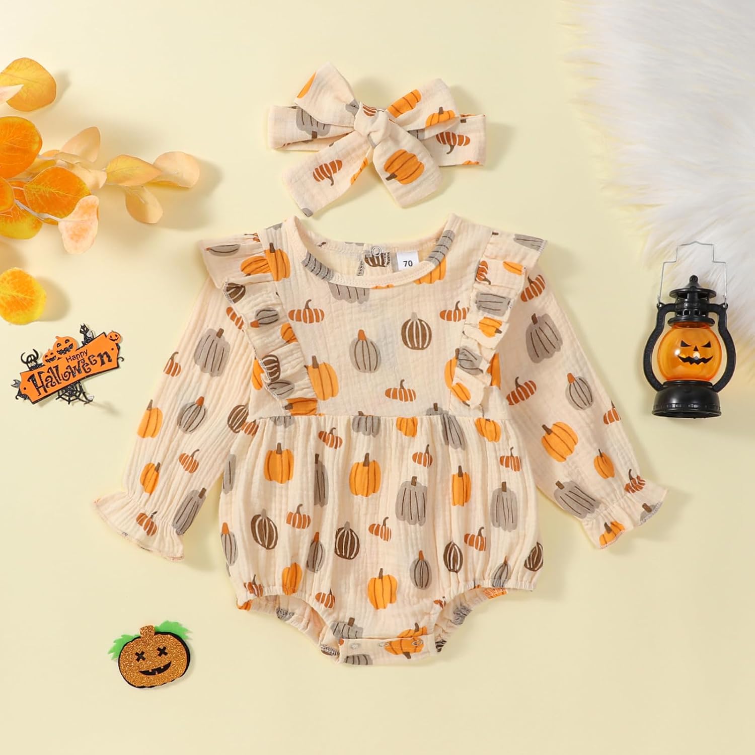 Newborn Baby Girls Halloween Outfits Pumpkin Print Ruffles Smocked Puff Sleeve Cotton Linen Romper Fall Bodysuit - Image 2