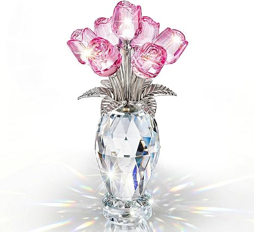 Pink Crystal Rose Flower Figurine with Vase Glass Flowers Gifts for Women | K9 Crystal Material, Delicate Rose Flower Shape, Ideal Valentine’s Day Mother’s Day Gift