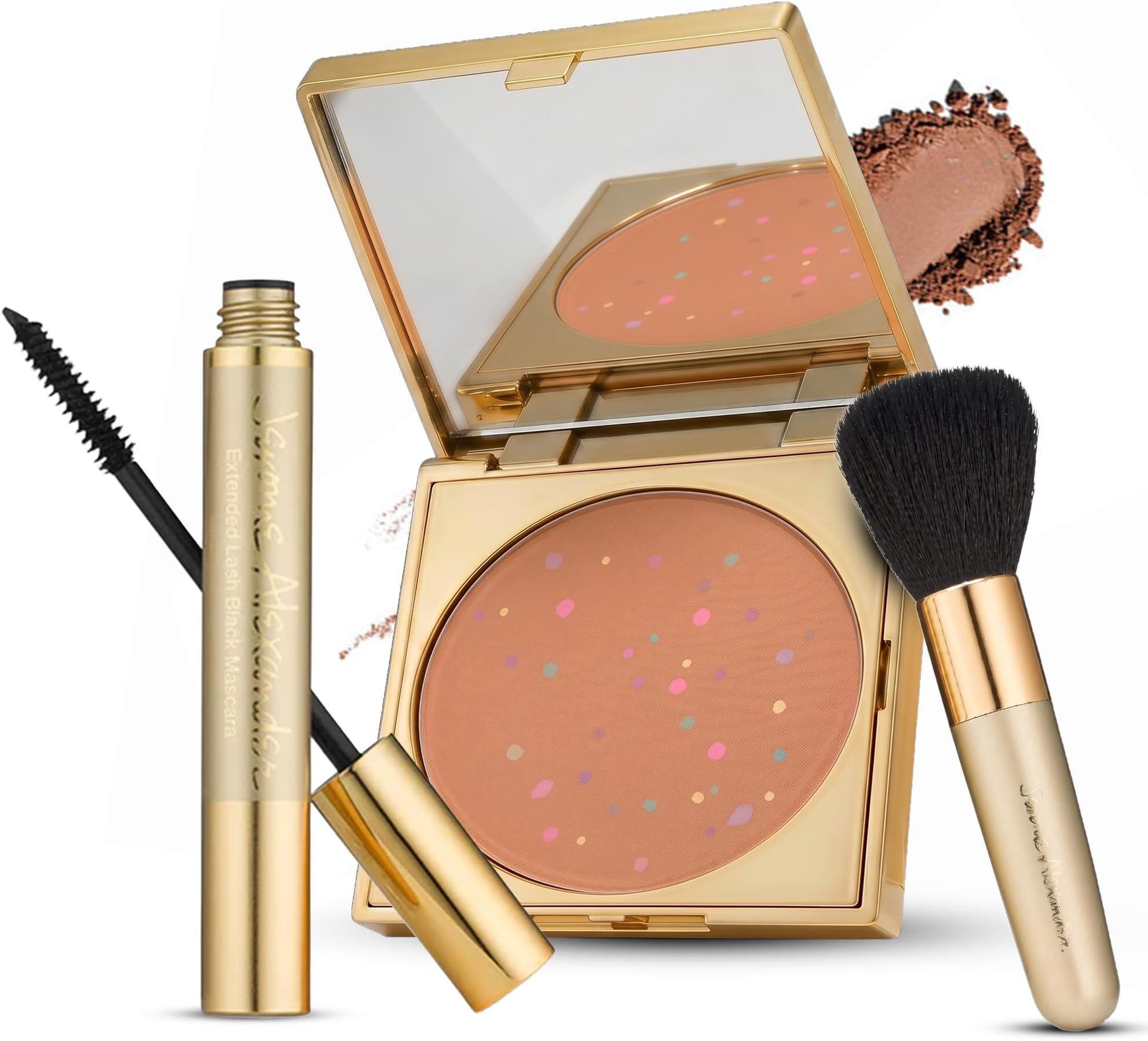 Magic Minerals 4 Pcs Pressed Powder Foundation Set by Jerome Alexander - Color Correcting Concealer for Older Women - Foundation for Mature Skin with Mascara, Stubby Brush and Sponge - Medium Dark
