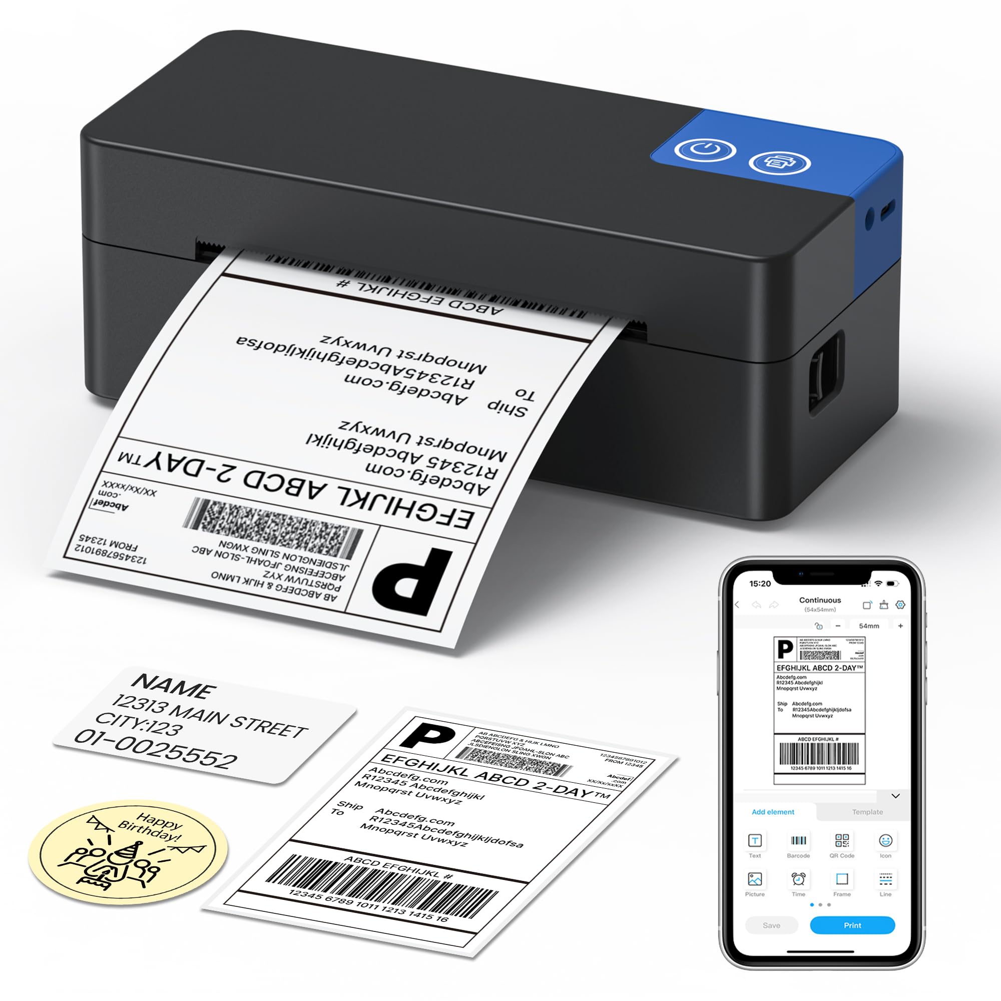 Stampante termica Bluetooth 4x6 per spedizioni, compatibile DHL/Amazon/Shopify/Etsy/UPS, iOS/Android/Windows/Mac - Nero