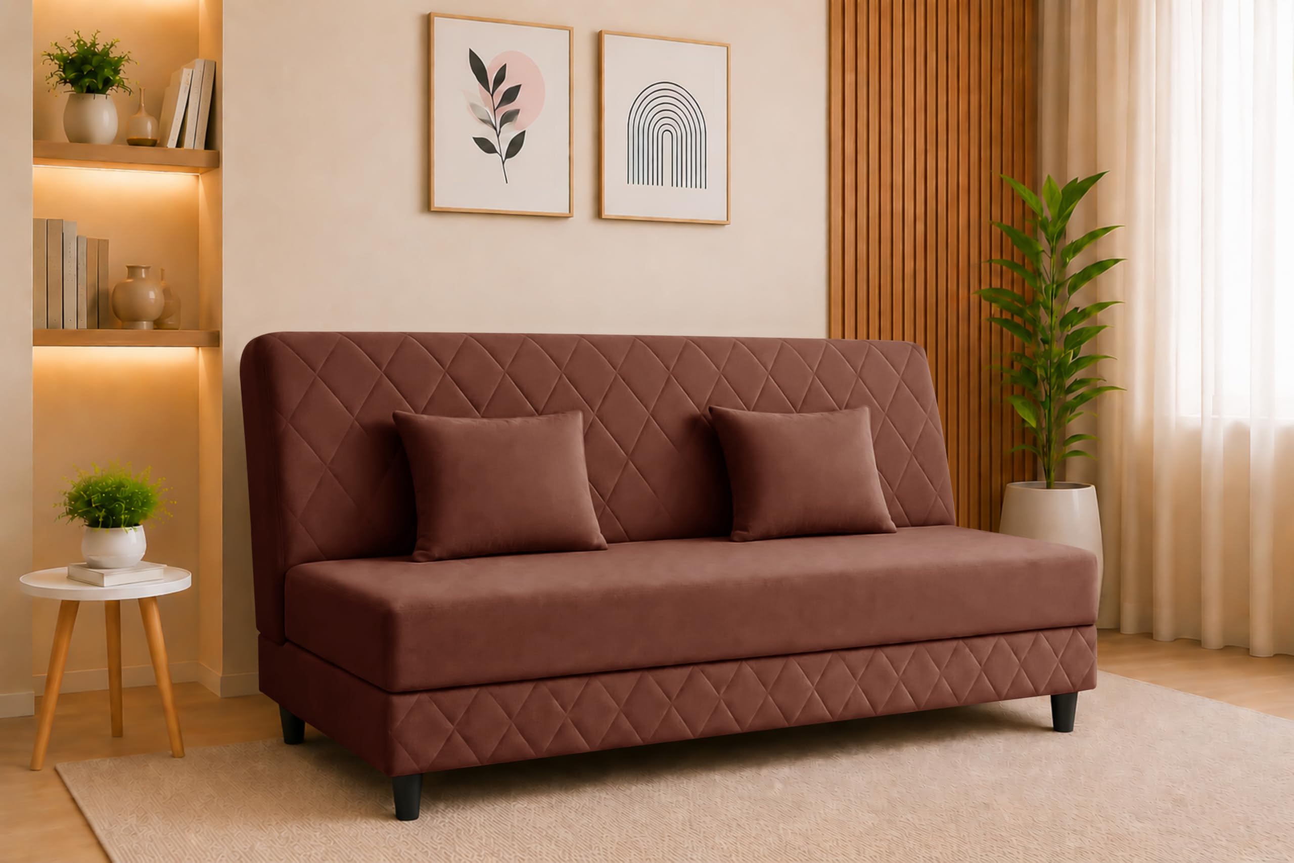 Deco Studio Velvet Fabric Sofa Cum Bed | 3 Seater Sofa Bed | Premium Upholstered Folding Couch for Living Room, Guest Room & Bedroom | Quilted Backrest with 2 Cushions (Brown)