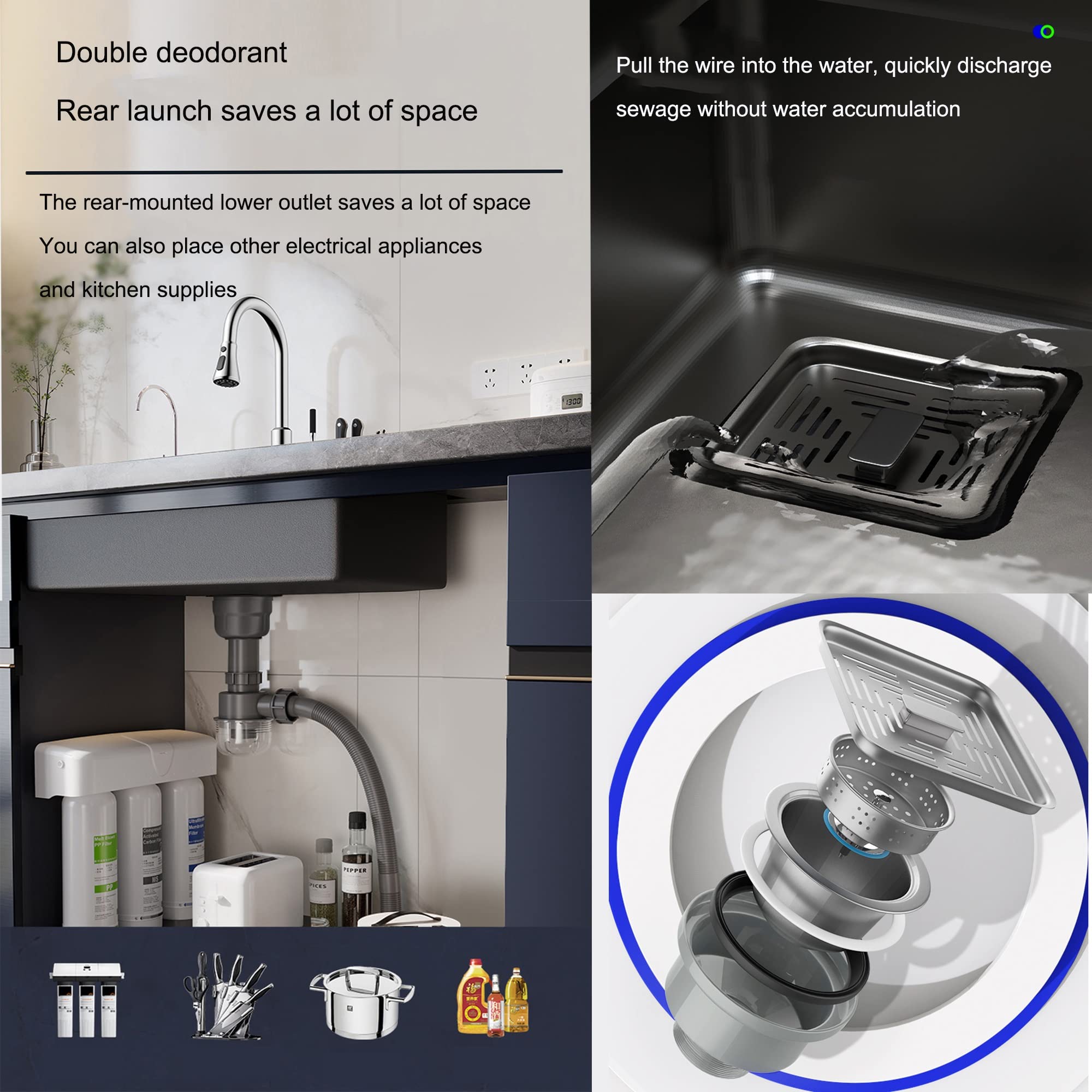 Fregadero Cocina Fregadero Negro Fregadero De Cocina Negro Incorporado Fregadero Inoxidable 304 Revestimiento Nano Fregadero Multifuncional con Grifo, lavavasos a presión,Fregadero de Lavado de Verdur