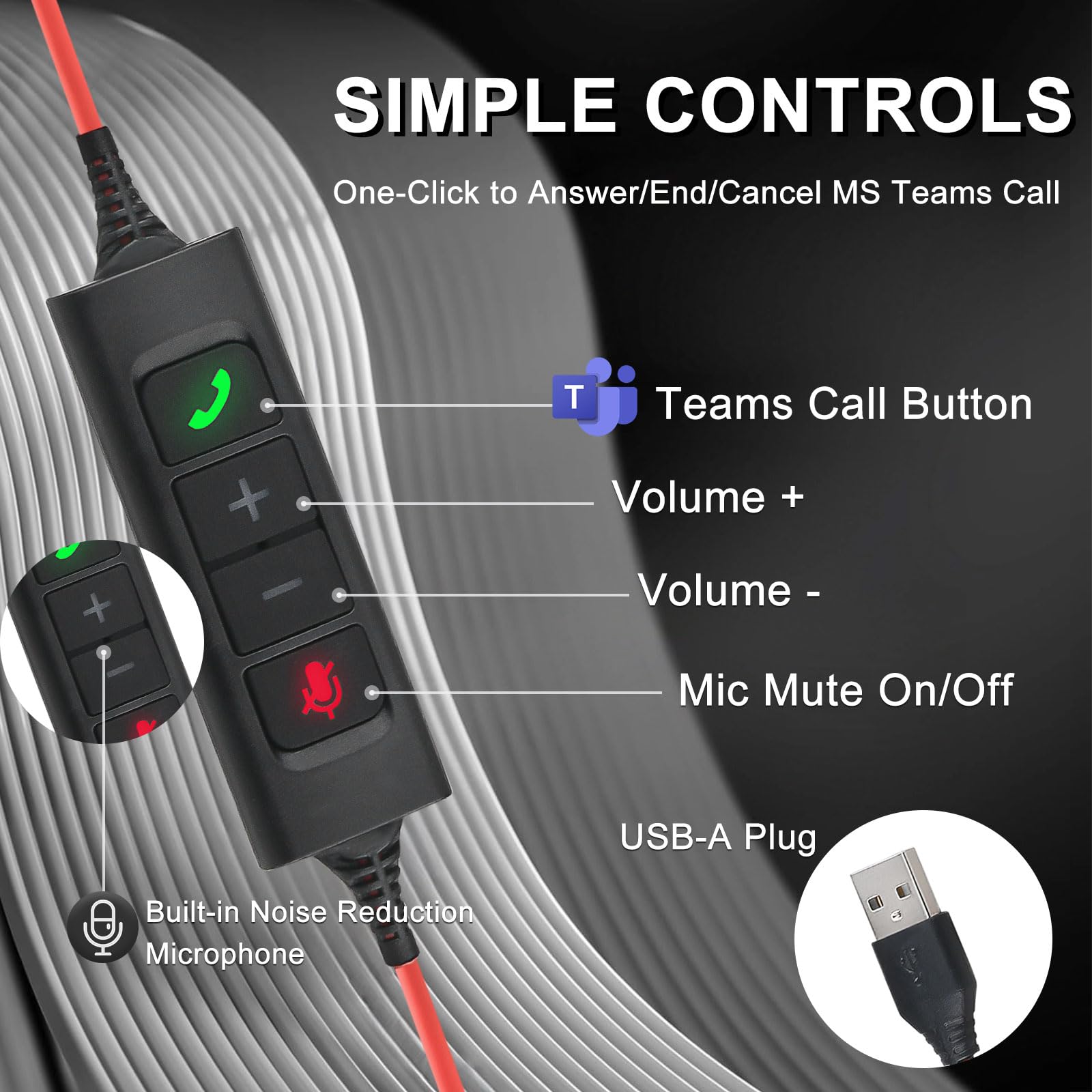 Auriculares USB con Doble Micrófono ENC Cancelación de Ruido para Ordenador | Estéreo Cascos PC con Botón Teams para Teams Zoom Skype, Videoconferencia Teletrabajo, Oficina Call Center