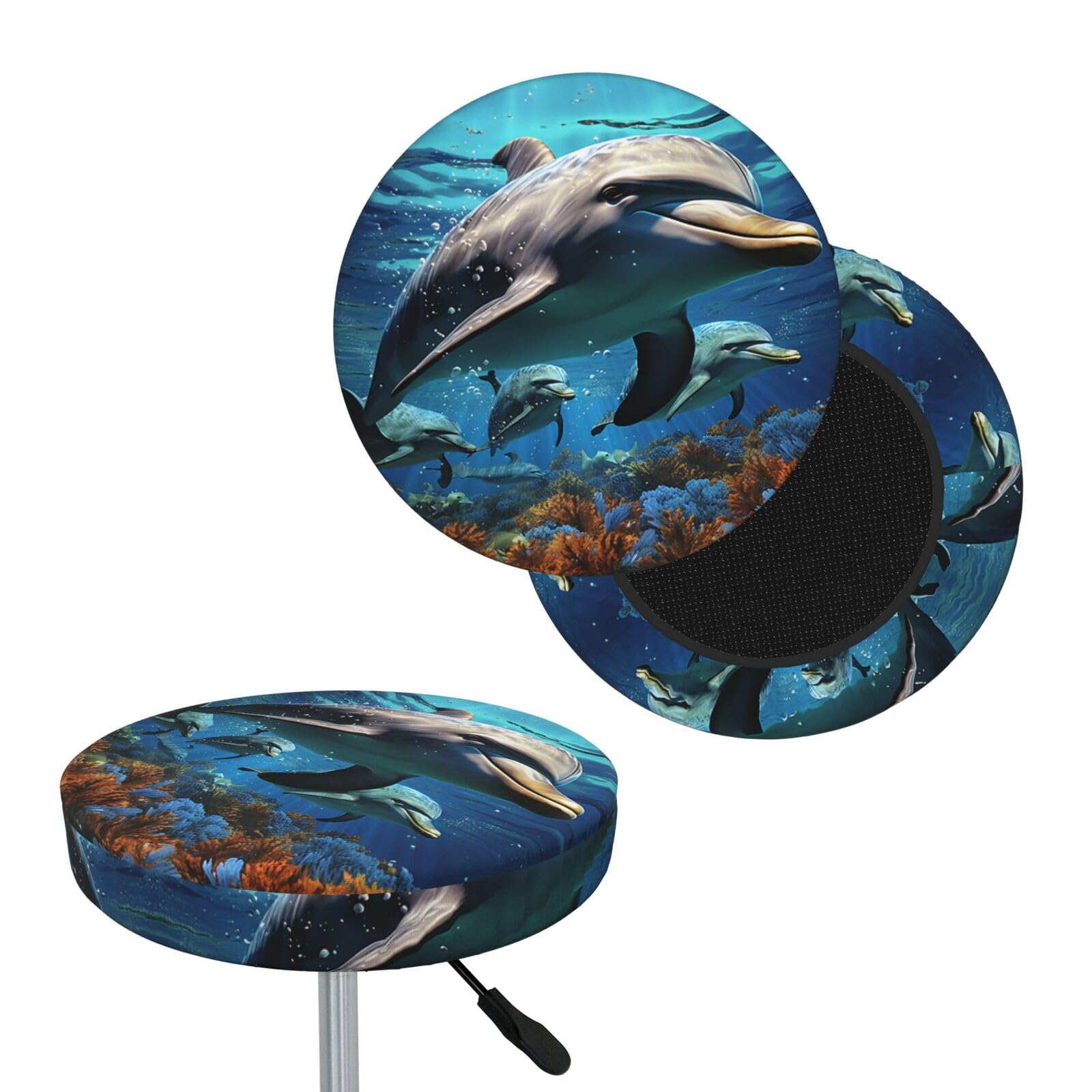 FodPand Dolphins Bar Stool Cover Round Elastic Stool Cushion Covers Washable Bar Stool Chair Slipcover Stretch Stool Seat Covers for 12-14 Inch Chair