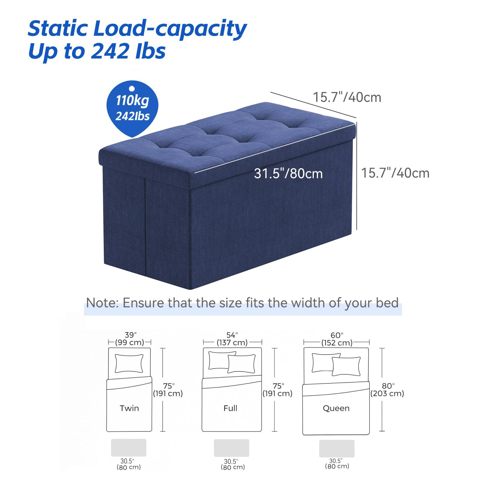 BRIAN & DANY Faltbarer sitzhocker Leinen Sitzbank mit Stauraum, Marineblau, 76 x 38 x 38cm