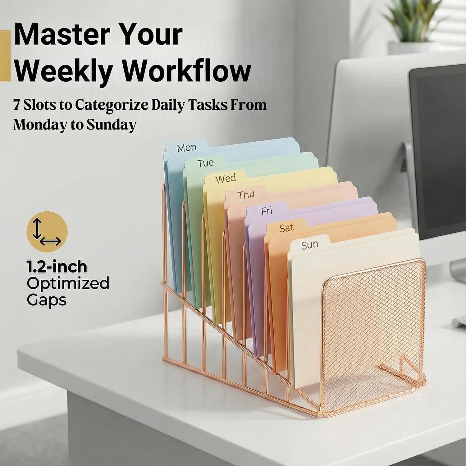 Simmer Stone 2 Pcs Incline File Sorter, 7 Slot Magazine Holder for Letter, Document, Folder and Book, Metal Desktop Organizer Rack for Home, School and Office (2-rose gold)