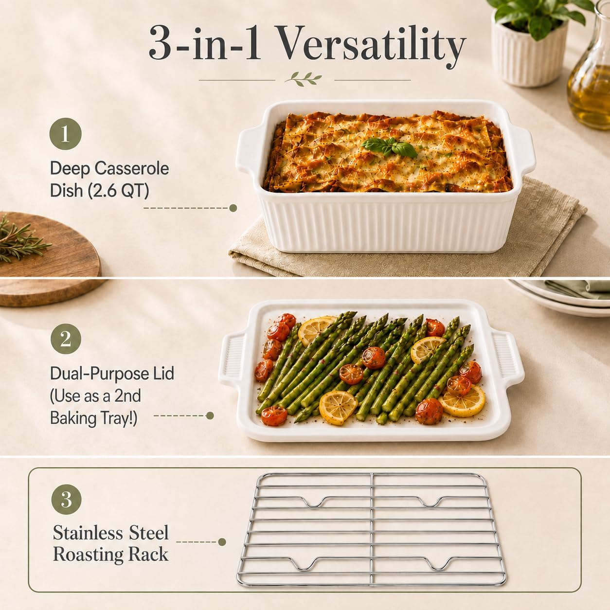 10 Inch Square Ceramic Baking Dish with Lid & Rack, Casserole Roaster 2.6QT