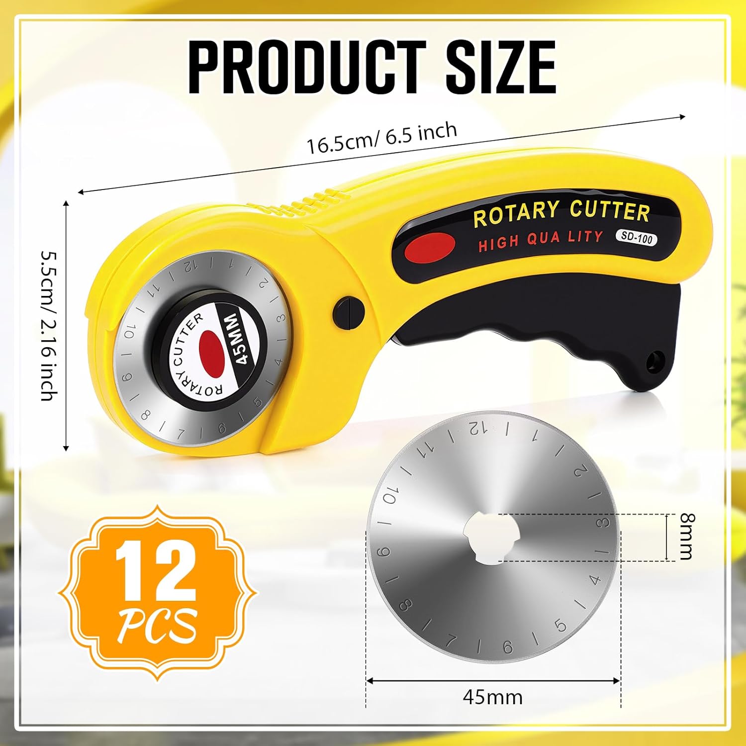 Lothee 12 Set 45mm Rotary Cutter for Fabric, Ergonomic Handle Rolling Cutter with Safety Lock for Fabric, Sewing, Quilting, Cloth, Paper, Leather, Arts Crafts Dressmaking (Yellow)