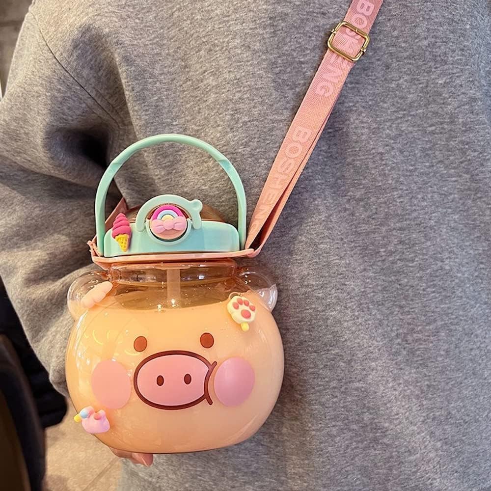 Large Kawaii Water Bottle with Strap and Resin Stickers 48oz Cute Bear Water Bottle with Straw Portable Round Kids Water Bottle for School Sports Outdoor Spill Proof Decorate Your Own (Pink Pig)