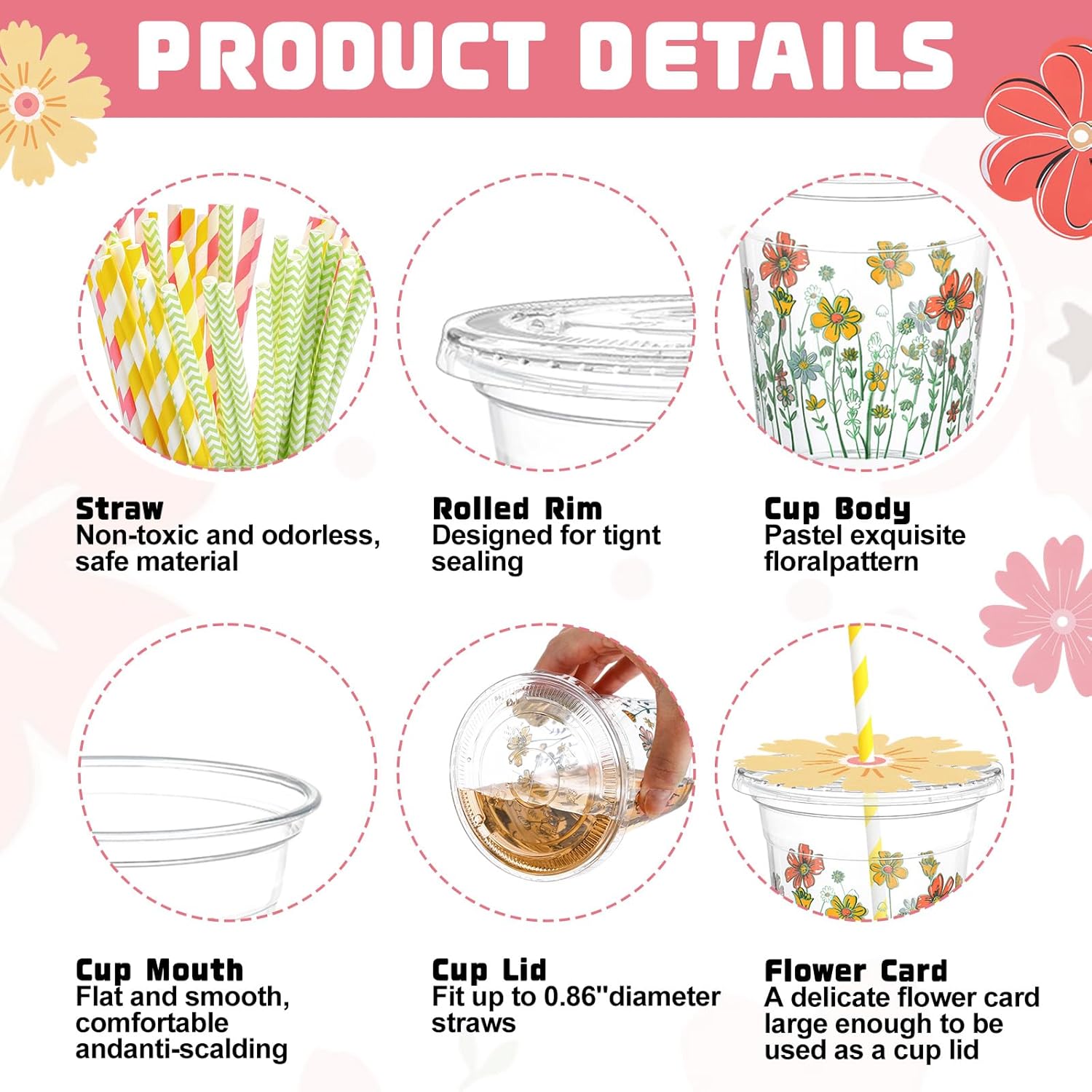 50 Sets 12oz Wildflower Disposable Plastic Cups with Lids and Flower Designed Straws Spring Floral Cold Beverage Drinking Cups for Spring Summer Wedding Birthday Bridal Baby Shower Party - Image 3
