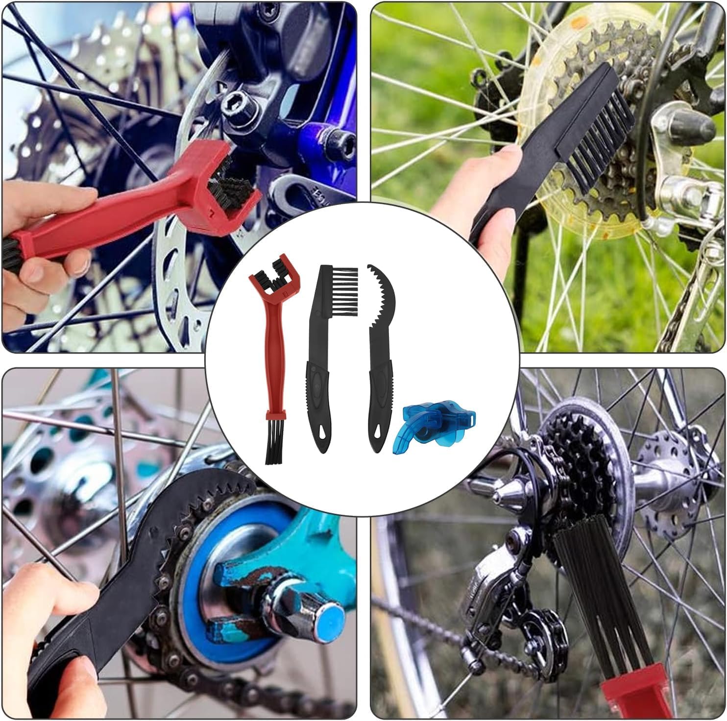 Kit Pulisci Catena Bici, Lavacatena da Bici Professionale Accessori, 4 Pezzi Kit di Spazzola Pulizia della Catena, Spazzola di Pulizia per Catena Moto Bicicletta, Rosso