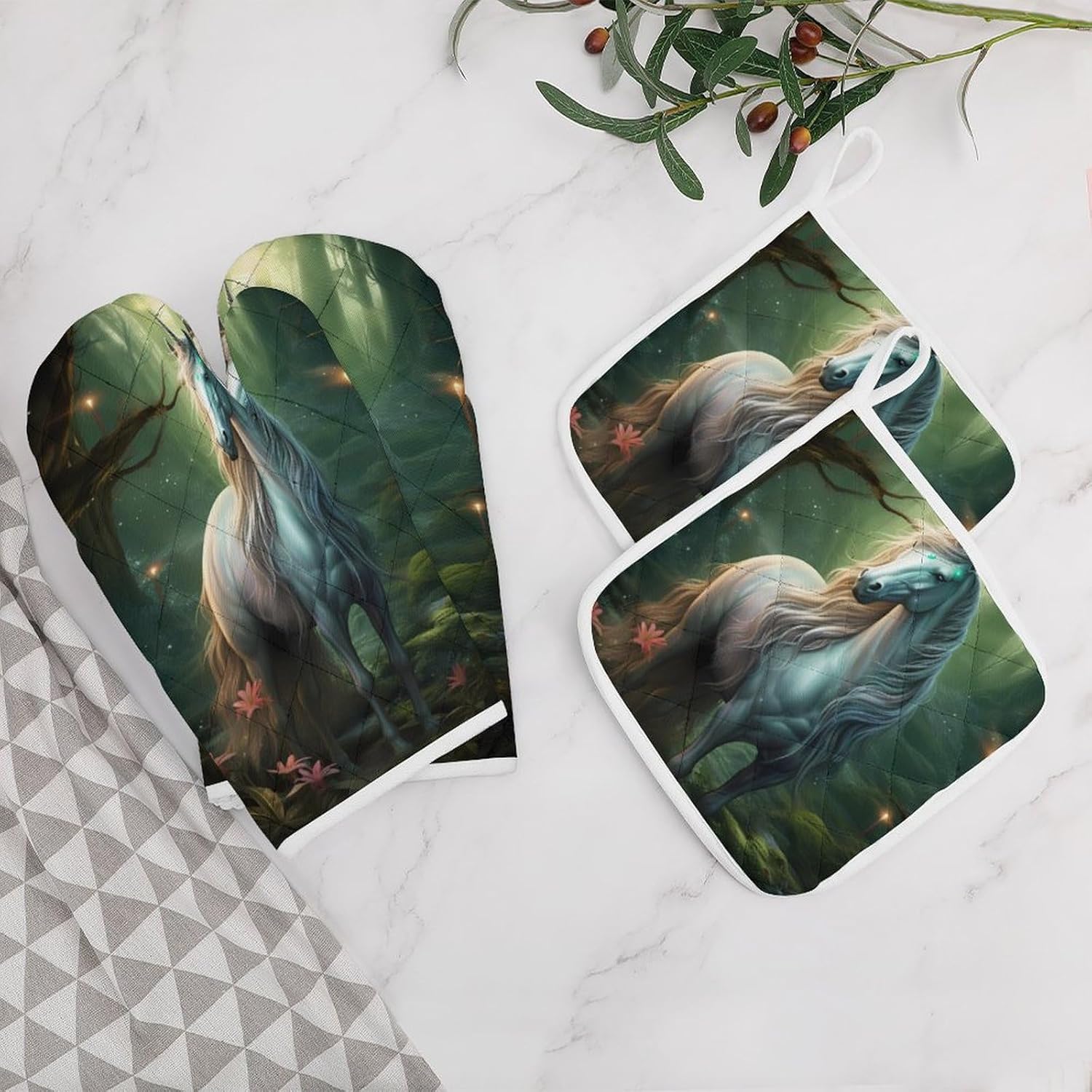 Unicorn 4 Pcs Oven Mitts and Pot Holders Set High Heat Resistant Long Kitchen Oven Glove Potholders