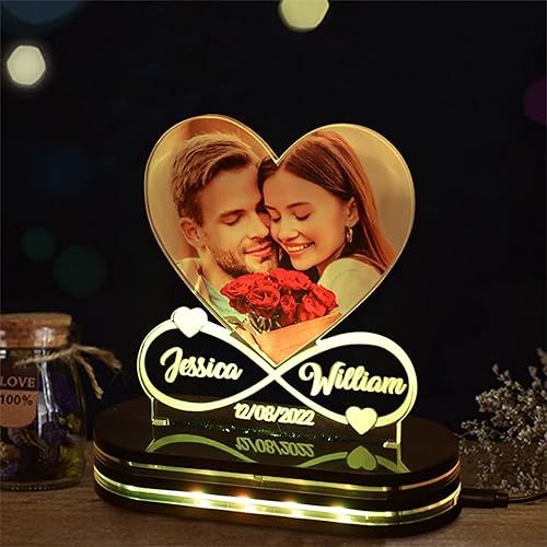 Miniatura 5 de Foto personalizada, luz nocturna de corazón infinito con base, nombre personalizado, fecha, lámpara acrílica, romántica, día de San Valentín,