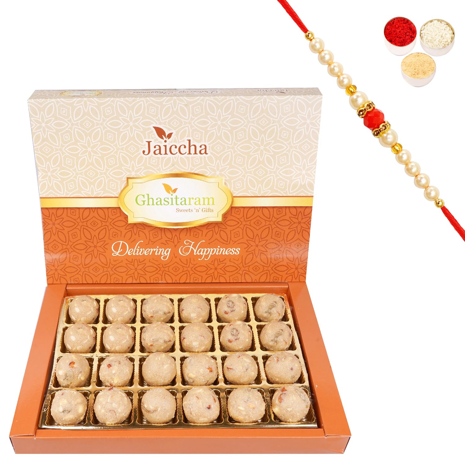 Jaiccha Ghasitaram Rakhi Gifts for Brothers Panjeeri Laddoo 24 pcs with Beads Rakhi