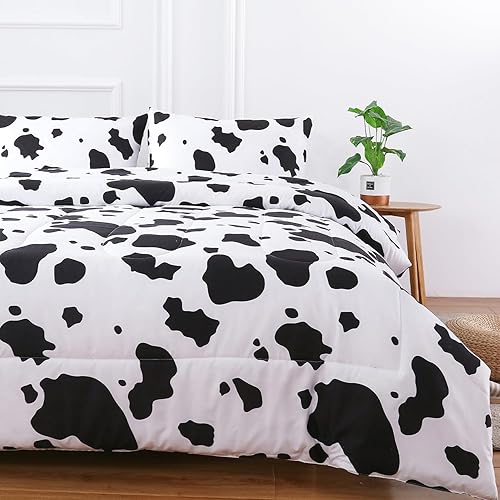 PERFEMET Juego de edredón individual con estampado de vaca para niños, 3 piezas, color negro y blanco, juego de ropa de cama reversible a cuadros