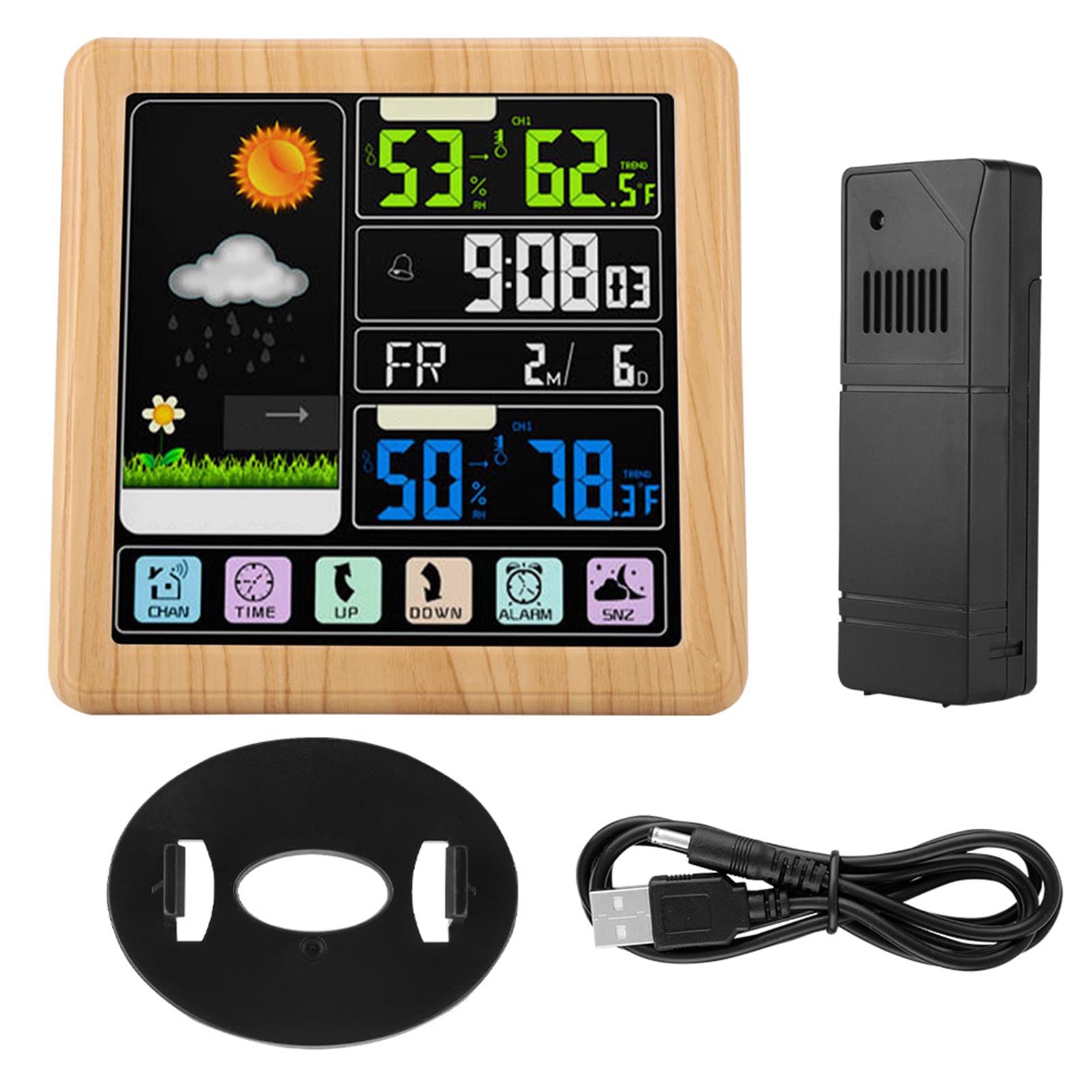 Sxhlseller Drahtlose Wetteruhr mit Vollem Touchscreen |Multifunktionswecker mit Farb-LCD, USB-Anschluss, Kindersicherung für TS-3310 (Holzfarbe)