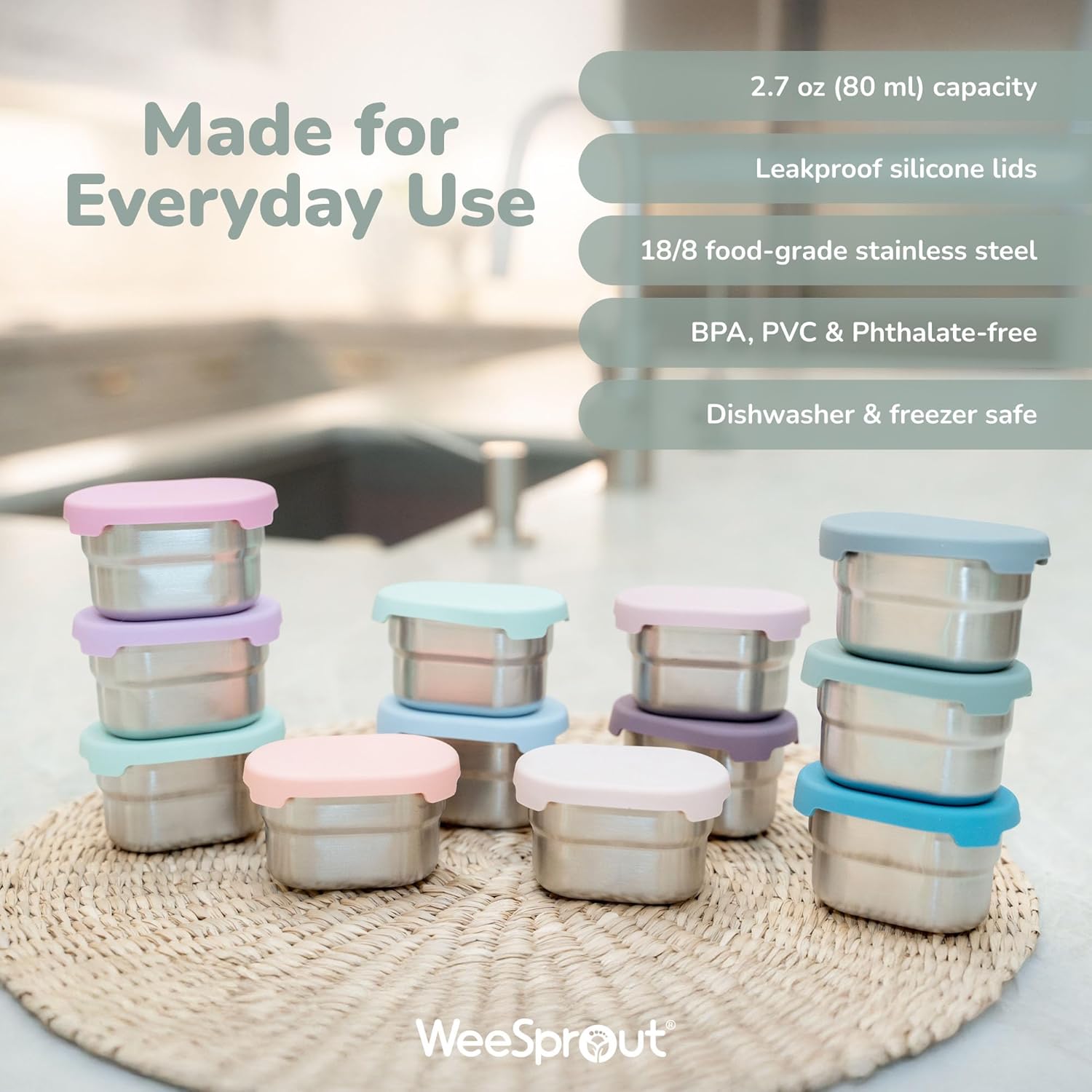 WeeSprout Stainless Steel Dip Containers with Leakproof Silicone Lids - 3 Pack - 2.7 Oz Reusable Snack & Sauce Cups - BPA-Free, Dishwasher & Freezer Safe Bento Box Lunch Boxes & Meal Prep Accessories - Image 6