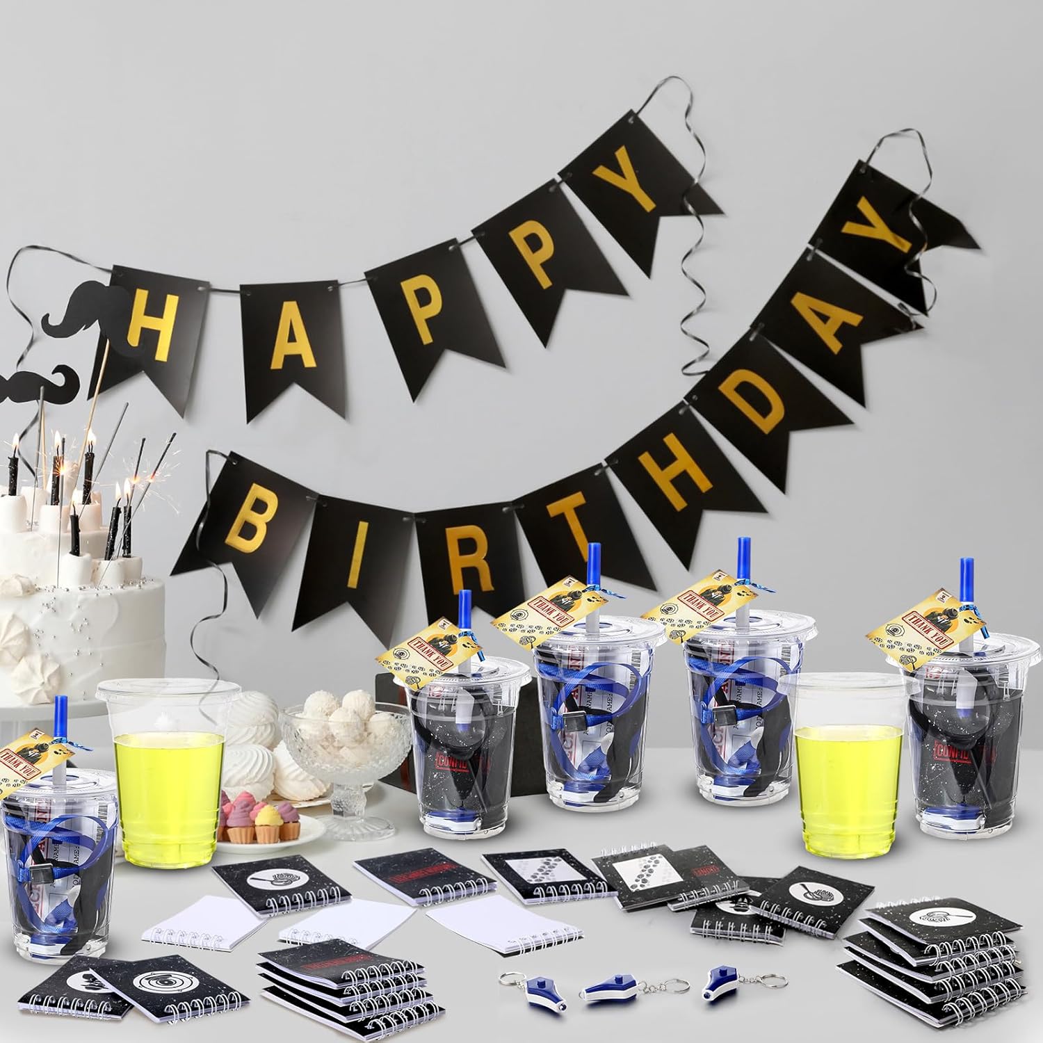 163 Pcs Spy Detective Party Favors Invisible Ink Pen UV Mini Keychain Flashlight Spiral Mini Notebooks Secret Agent ID Card Holder Magnifying Glasses Fake Mustache Cup Sticker Party Card