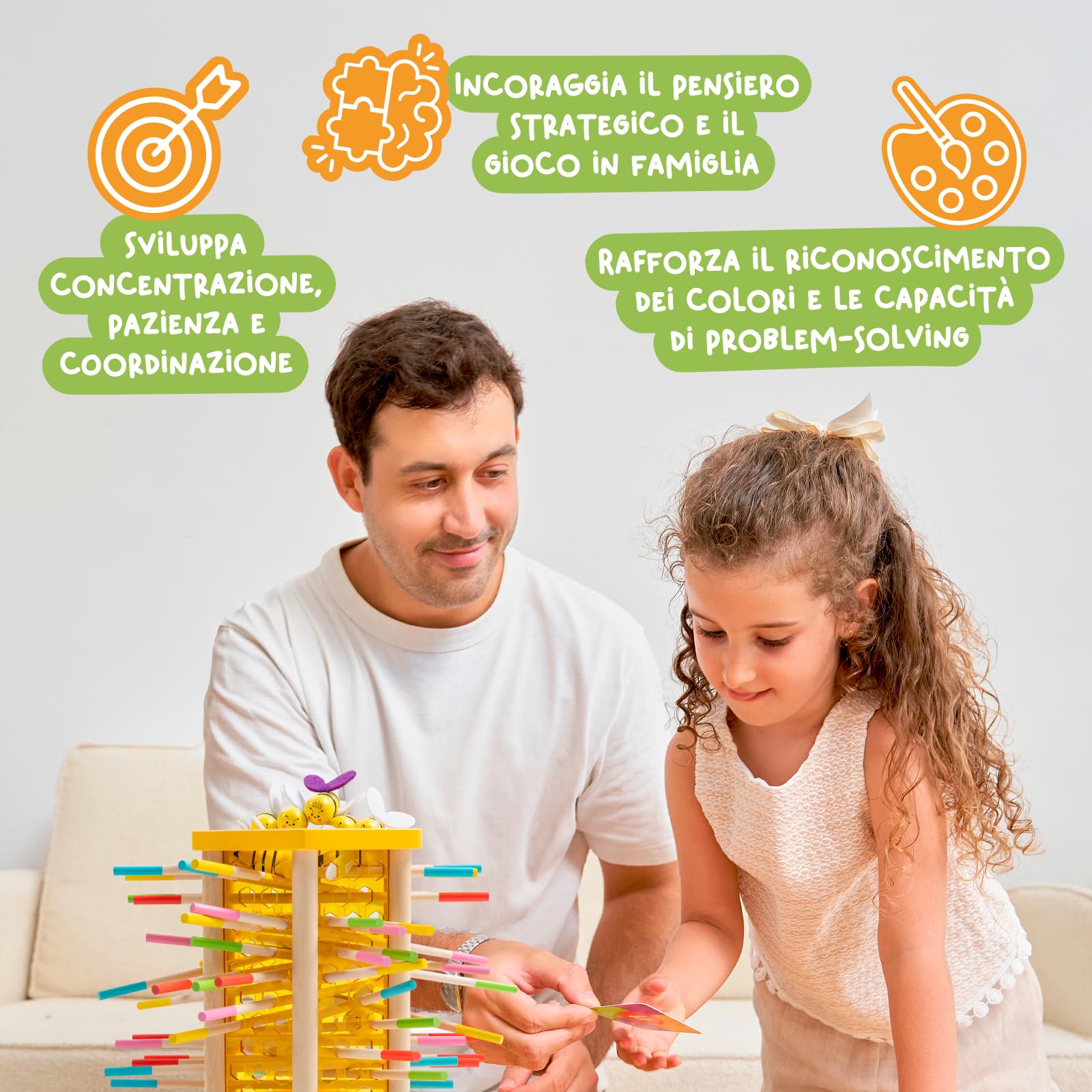 Nene Toys BEEFALL Grande, Gioco Montessori 4-in-1 per Bambini 3-9 Anni - Gioco Educativo in Legno con Alveare, 12 Api, Bastoncini Colorati, Dadi e Carte - Gioco per la Famiglia