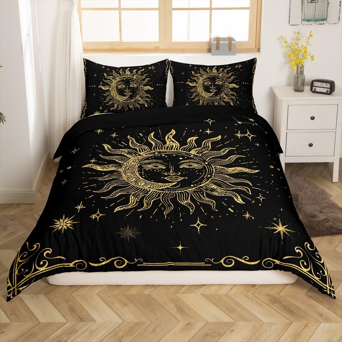 Erosebridal Boho Mandala Duvet Cover Full Celestial Sun and Moon Bedding Set Space Gold Stars Moon Comforter Cover for Kids Boys Girls Teens Galaxy Stars Quilt Cover with 2 Pillow Cases Bedroom Decor