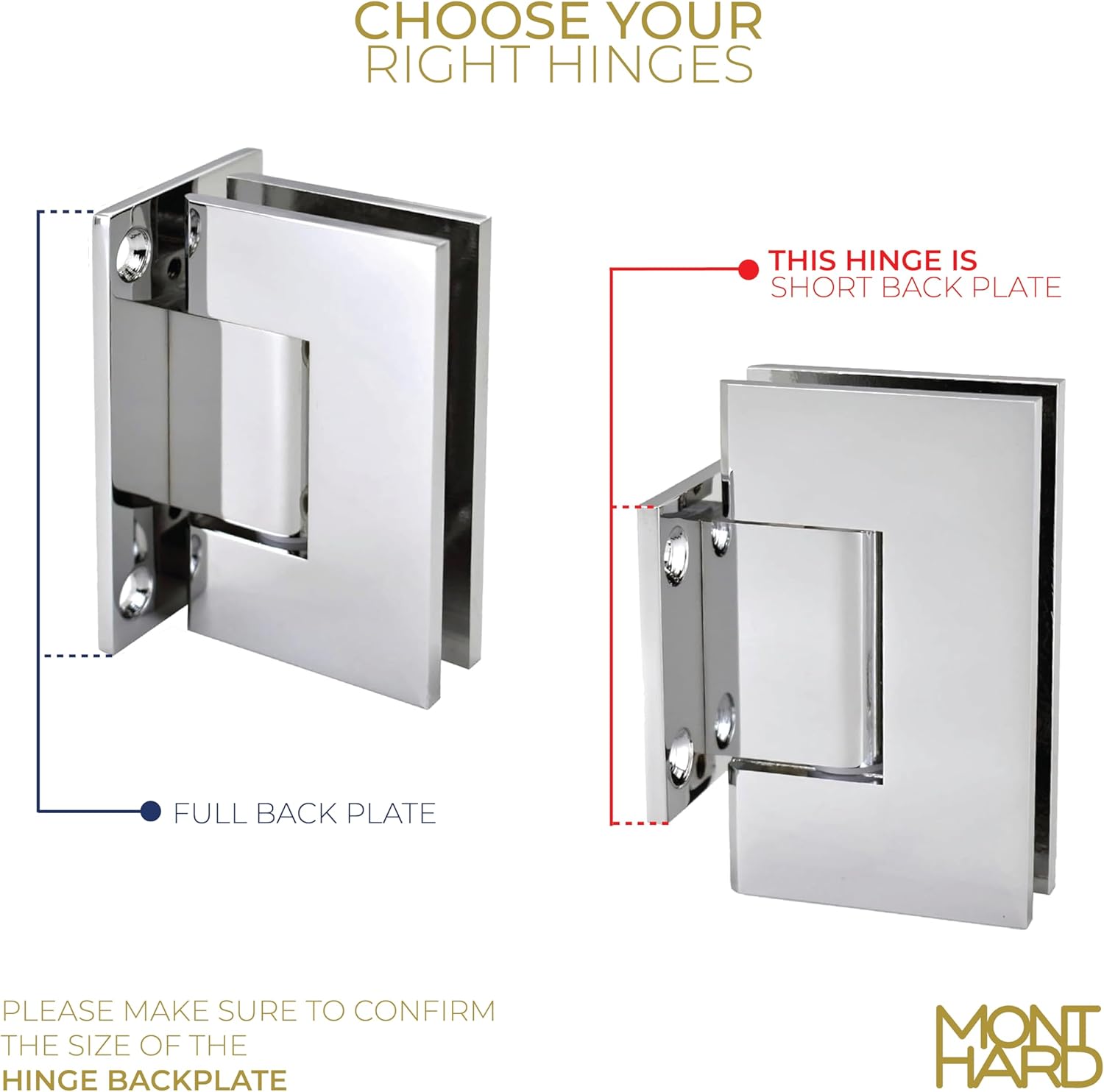 Shower Door Hinge - Short Back Plate, Square Standard Wall to Glass Hinges in Chrome, Fits 3/8" to 1/2" (10 to 12 mm) Glass, 90 Degree, Solid Brass, Bathroom Hardware Residential & Commercial Use