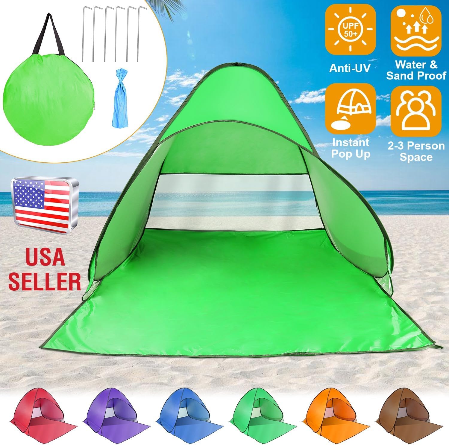Beach Tent Pop Up Beach Tent Canopy Sun Shade Shelter Anti-UV Automatic Waterproof for 2-3 Person with Net Window Storage Bag Outdoor Camping Fishing Park Bea ch