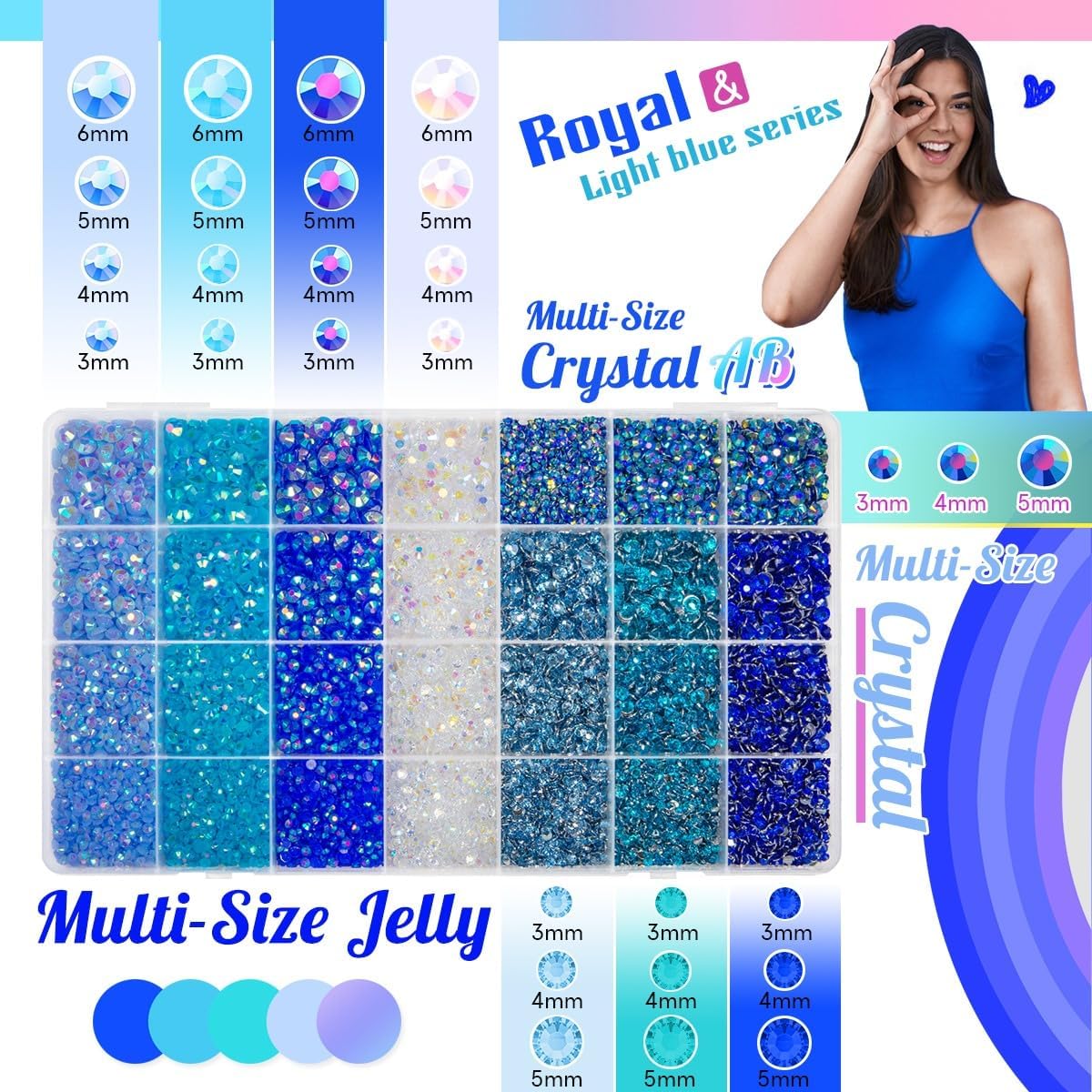 28 Types Colorful Blue Jelly Resin Rhinestones 3mm 4mm 5mm 6mm Flatback Stones Gems Diamonds Crystals for Nails Face Eyes Makeup DIY Crafts Tumblers Bottles Bedazzling Crafting Clothes Shoes - Image 2
