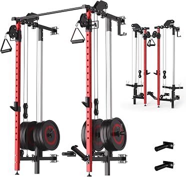 GarveeHome Folding Squat Rack, Wall Mounted Power Rack with Dual Pulley System & Pull Up Bar, Fitness Equipment for Home Gym, Garage, Apartment