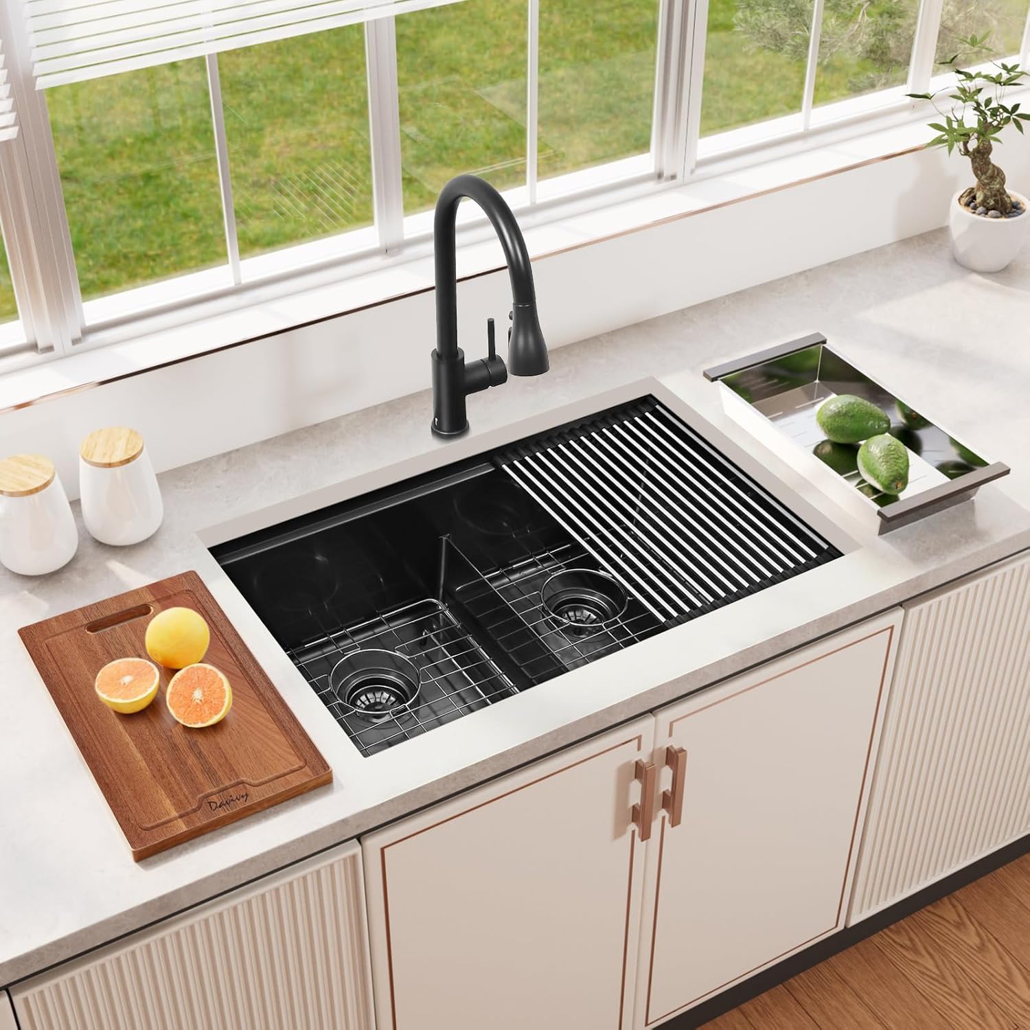 Davivy 30 inch Black Double Bowl Kitchen Sink Undermount, 16 Gauge Gunmetal Black Stainless Steel Kitchen Sink Workstation, 50/50 Double Basin, Low Divide Design, 30x18x9 Inch