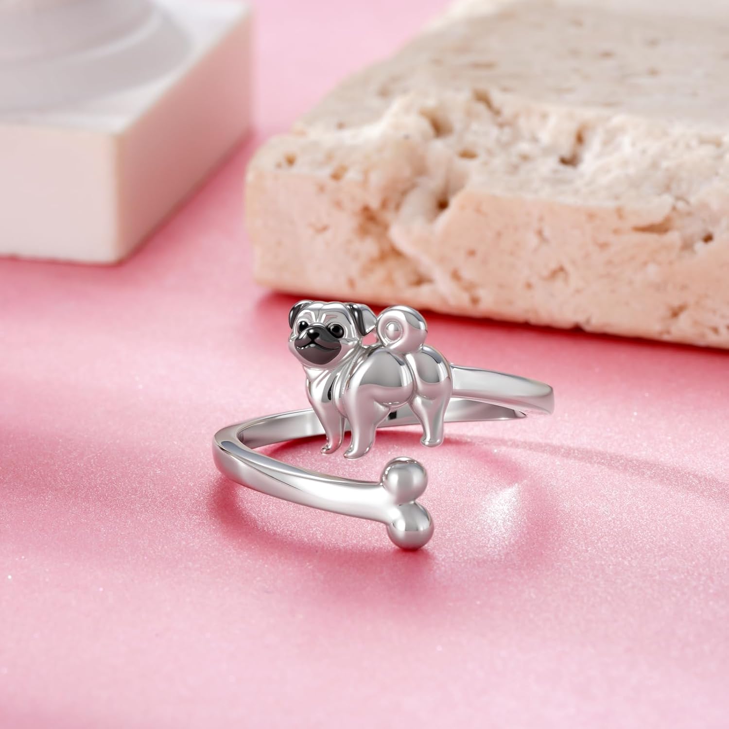 Pug Gifts for Pug Lovers 925 Sterling Silver Pug Ring Dog Jewelry Gifts for Women - Image 2