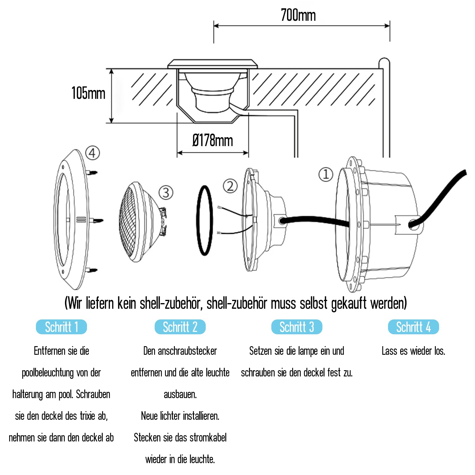 LED Poolbeleuchtung PAR56 18W Schwimmbad Ersetzt 150W 6500K Weiße Poollampe IP68 Wasserdicht Unterwasser 1800lm Poolscheinwerfe 120° Abstrahlwinkel Schwimmbadlampe 12V AC/DC