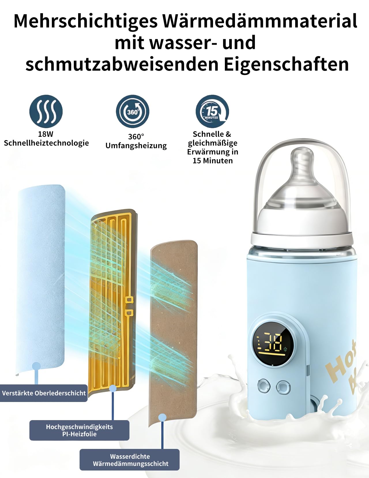 Flaschenwärmer Baby, Babyflaschenwärmer mit 8000mAh Akku, 6 Temperaturstufen 38-50℃, LED-Anzeige & Nachtlicht, Tragbarer Flaschenwärmer Baby USB-Ladefunktion für Unterwegs und Zuhause(Blau)