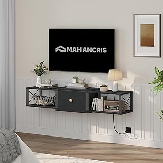 Floating TV Stand with Power Outlet, Wall-Mounted TV Stand with Drawer, Floating Entertainment Center