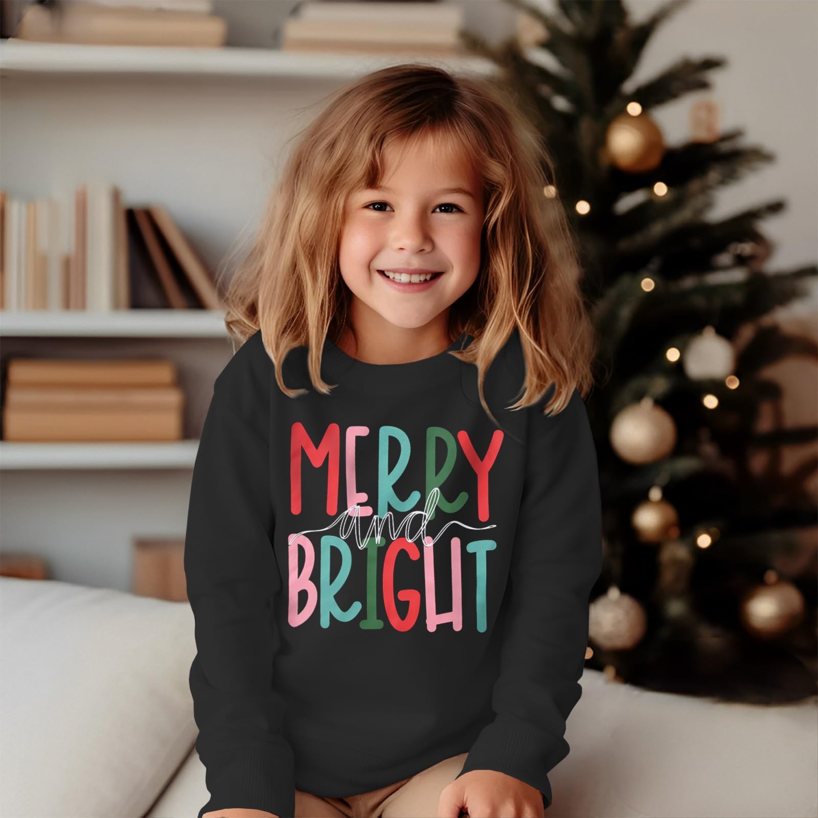 MODNTOGA Felpa girocollo Merry and Bright per bambini con scritta "Merry and Bright" (lingua italiana non garantita)