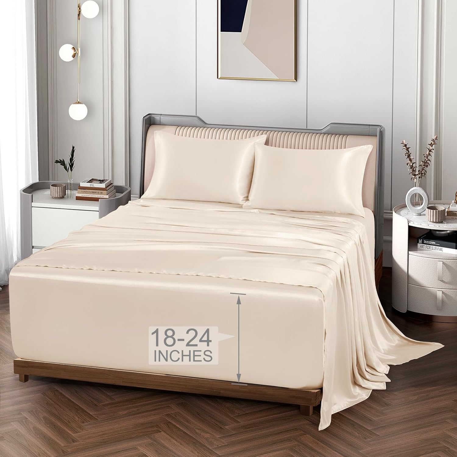 Vonty Satin Sheets Extra Deep Pocket Queen Sheet Sets - Cooling & Silky Satin Queen Size Sheets with 18-24 Inch Deep Pocket, Beige Satin Bed Sheets Fit Up to 24" Deep Mattress - 4 Piece